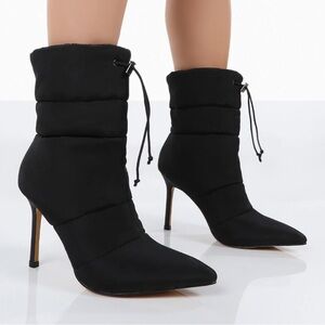 NEW Public Desire Dolls Kill Nylon Stiletto Snow Boots Black Sz 8